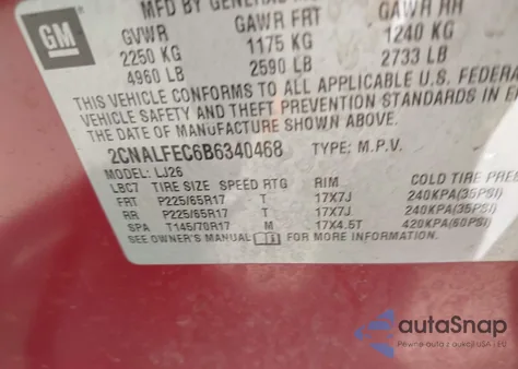 2011 Chevrolet Equinox Ltz z USA, uszkodzony, nr VIN 2CNALFEC6B6340468